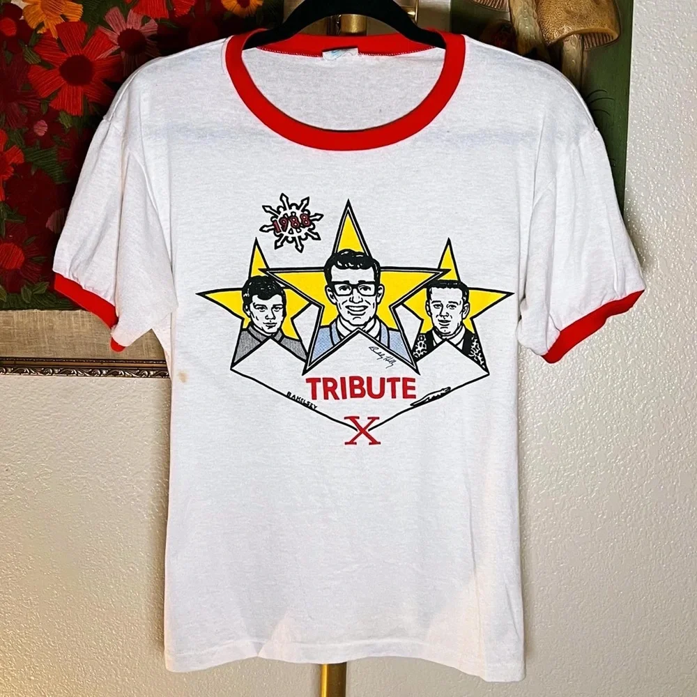 1980s RARE Buddy Holly Tribute Ringer Tee - Picture 1 of 5